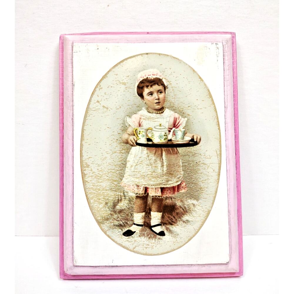 Antique Wall Art Wood Plaque Young Girl Tea Time Picture 5x7 Transposed Handmade